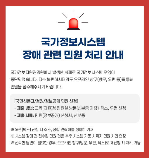 국가정보자원관리원에서 발생한 화재로 국가정보시스템 운영이 중단되었습니다.다소 불편하시더라도 오프라인 창구(방문, 우편 등)를 통해 민원을 접수해주시기바랍니다.[국민신문고/청원/정보공개 민원 신청]제출 방법: 교육(지원)청 민원실 방문(신분증 지참), 팩스, 우편 신청제출 서류: 민원(정보공개) 신청서, 신분증※ 우편(팩스) 신청 시 주소, 성함 연락처를 정확히 기재※ 시스템 장애 전 접수된 민원 건은 추후 시스템 가동 시까지 민원 처리 연장※ 신속한 답변이 필요한 경우, 오프라인 창구(방문, 우편, 팩스)로 재신청 시 처리 가능